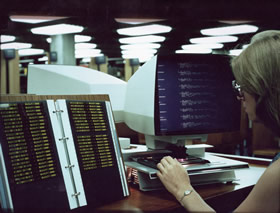 The microfiche catalogue in use in Robertson Library